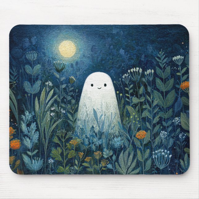 Happy Ghost in Moonlit Garden Mouse Pad (Front)