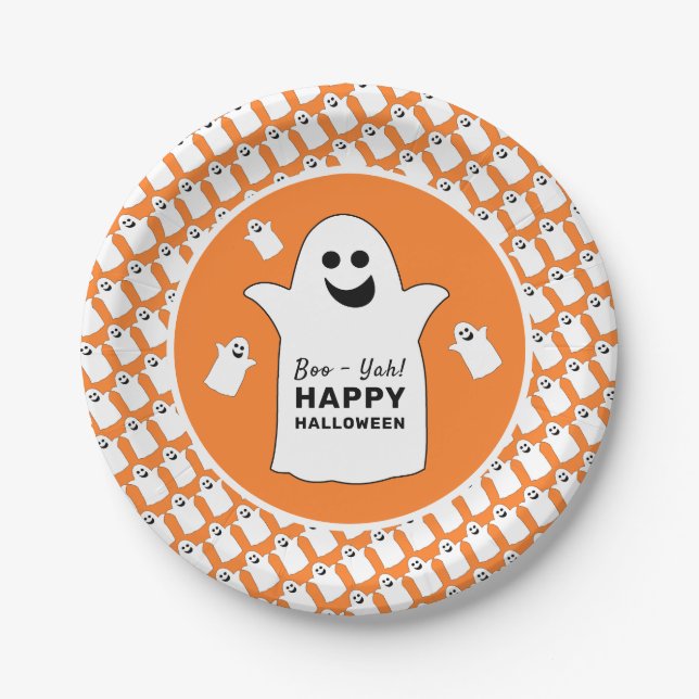 Happy Ghost, Orange Halloween Party Paper Plates (Front)