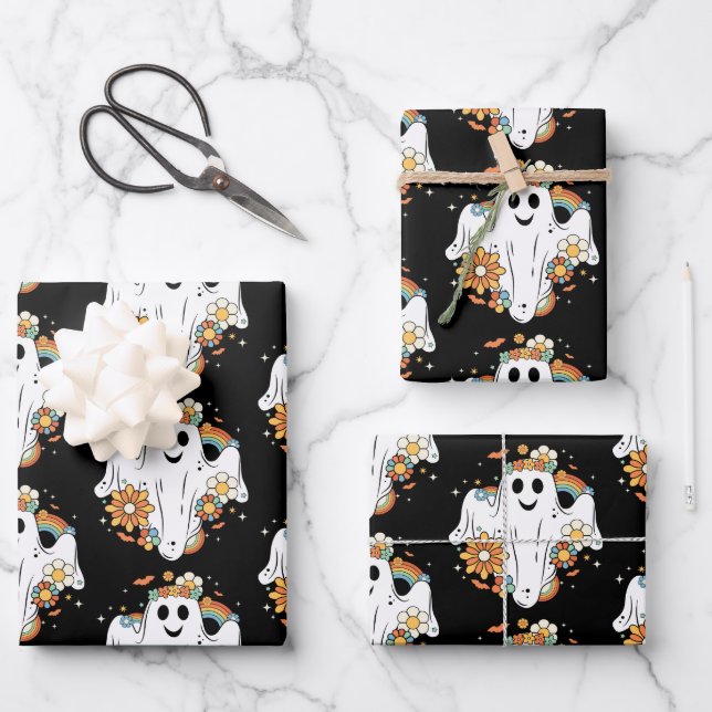 Happy Ghost Retro Hippie Pattern Wrapping Paper Sheets (Front)