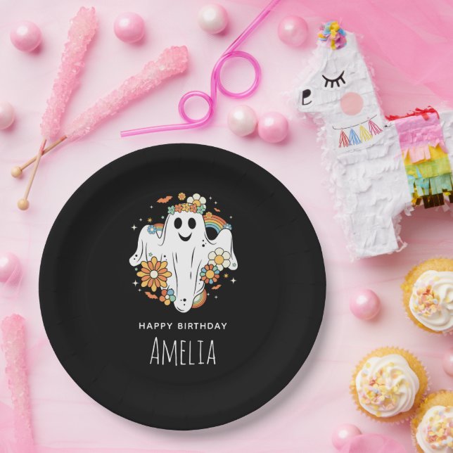 Happy Ghost Retro Hippie Vibe Birthday Paper Plates (Party)
