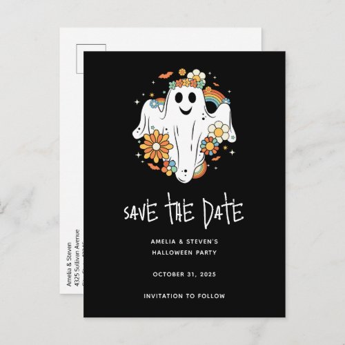 Happy Ghost Retro Hippie Vibe Halloween Announcement Postcard