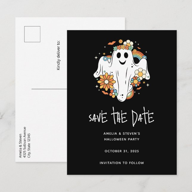 Happy Ghost Retro Hippie Vibe Halloween Announcement Postcard (Front/Back)