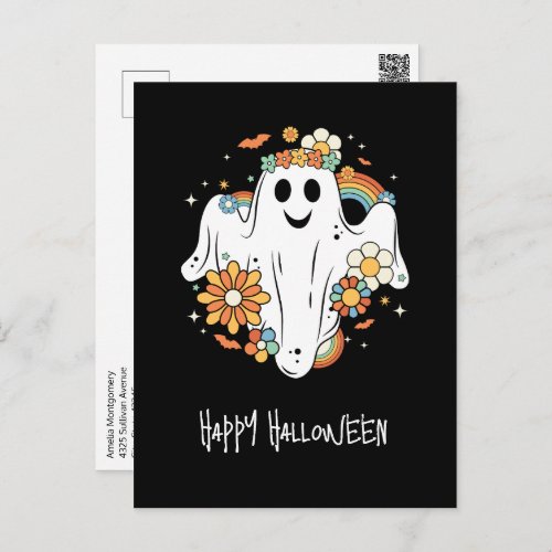 Happy Ghost Retro Hippie Vibe Halloween Holiday Postcard