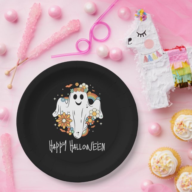 Happy Ghost Retro Hippie Vibe Halloween Paper Plates (Party)