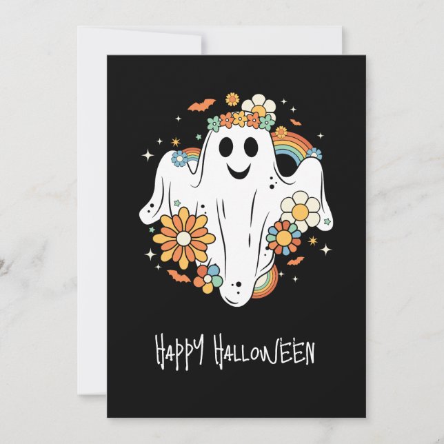 Happy Ghost Retro Hippie Vibe Halloween Thank You Card (Front)