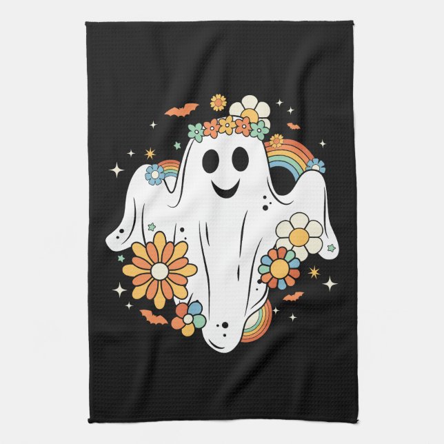 Happy Ghost Retro Hippie Vibe Kitchen Towel (Vertical)