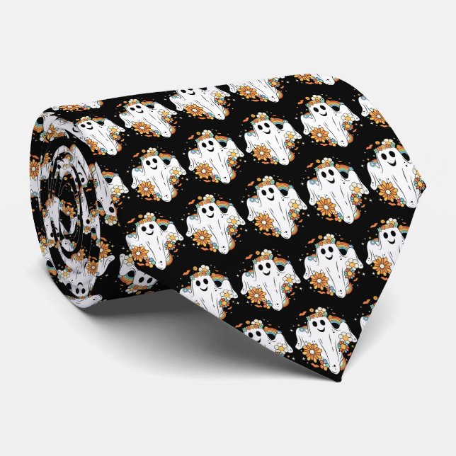 Happy Ghost Retro Hippie Vibe Pattern Neck Tie (Rolled)