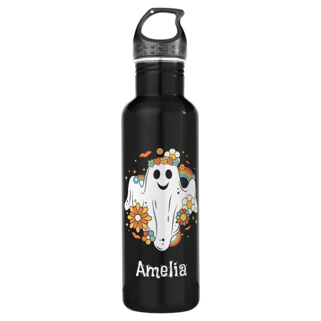 Happy Ghost Retro Hippie Vibe Stainless Steel Water Bottle (Front)