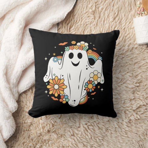 Happy Ghost Retro Hippie Vibe Throw Pillow