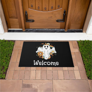 Happy Ghost Retro Hippie Vibe Welcome Doormat