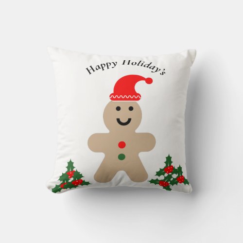Happy Ginger Bread Man Holiday Throw Pillow