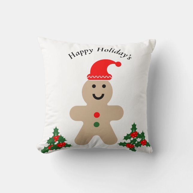 Happy Ginger Bread Man Holiday Throw Pillow (Front)