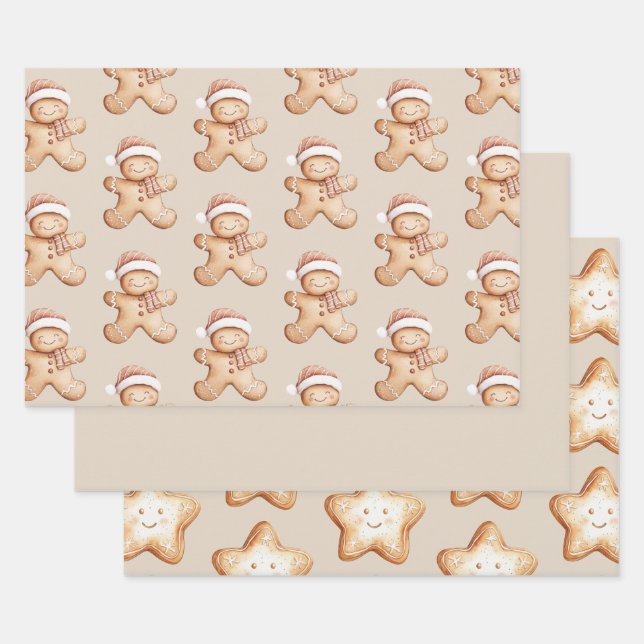 Happy Gingerbread and Star Cookie  Wrapping Paper Sheets (Set)
