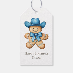 Happy Gingerbread Blue Cowboy Birthday Gift Tags