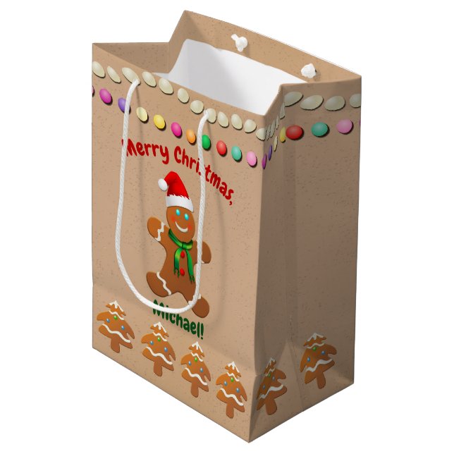 Happy Gingerbread Boy With Santa Hat Medium Gift Bag (Front Angled)