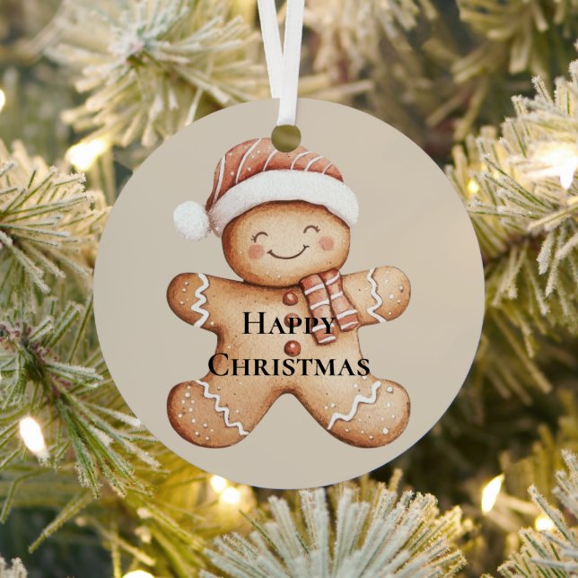 Happy Gingerbread Cookie with Santa Hat Metal Ornament (Insitu)