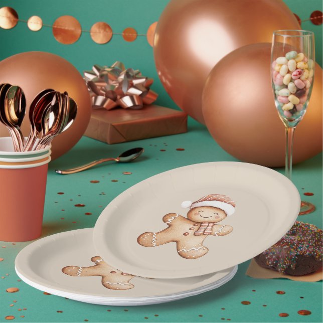 Happy Gingerbread Cookie with Santa Hat Paper Plates (Multi)