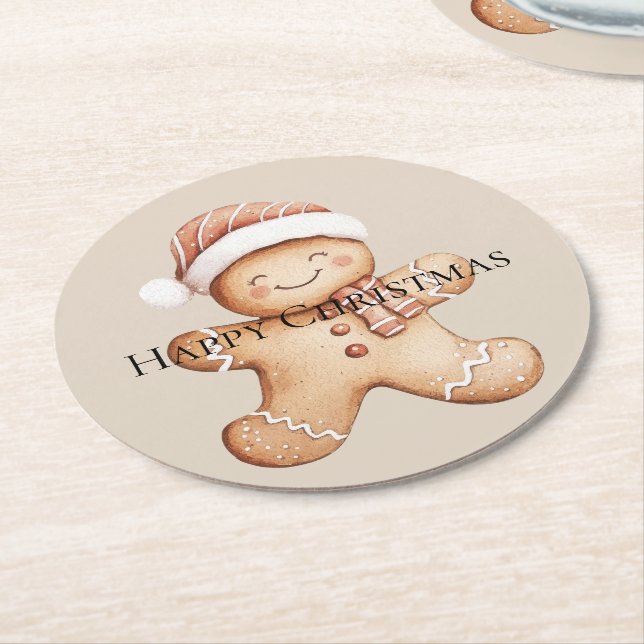 Happy Gingerbread Cookie with Santa Hat Round Paper Coaster (Angled)