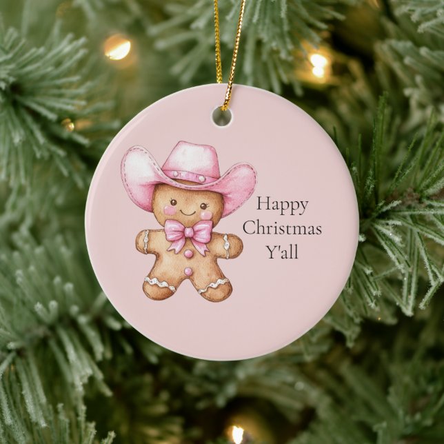 Happy Gingerbread Cowgirl Christmas Ceramic Ornament (Tree)