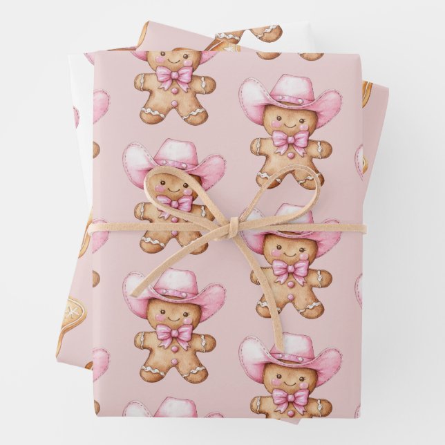Happy Gingerbread Cowgirl Christmas Wrapping Paper Sheets (In situ)