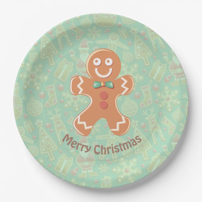 Happy Gingerbread Man Merry Christmas Paper Plates (Front)