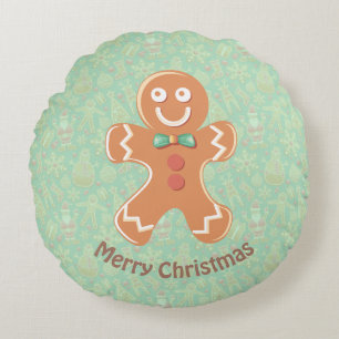 Happy Gingerbread Man Merry Christmas Round Pillow