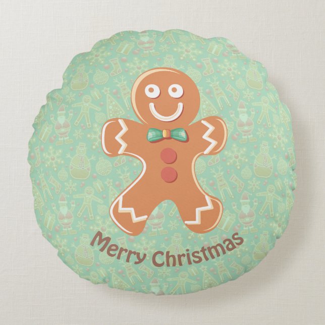 Happy Gingerbread Man Merry Christmas Round Pillow (Front)