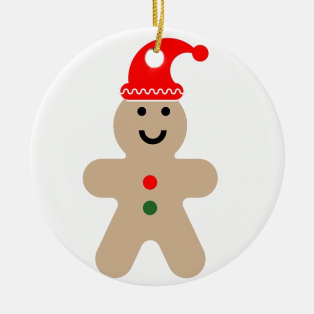 Happy Gingerbread man wearing a Santa hat  Ceramic Ornament (Front)