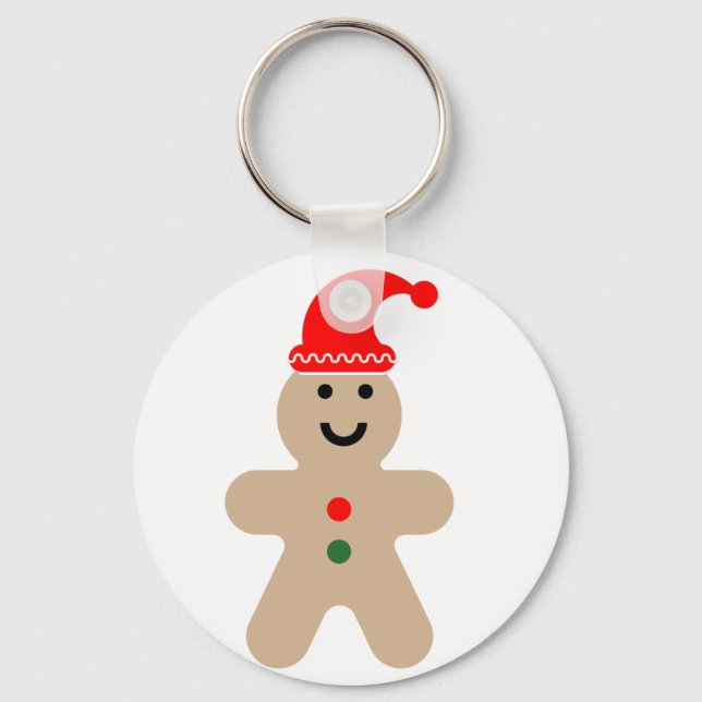 Happy Gingerbread man wearing a Santa hat Keychain (Front)