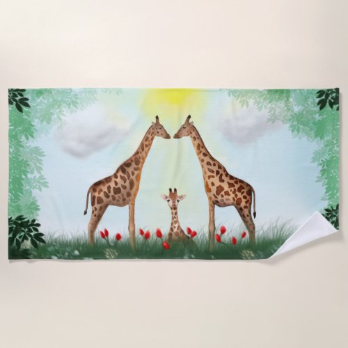 Happy giraffe family in nature _ Happy family day  Beach Towel