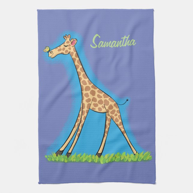 Happy giraffe with butterfly cartoon kitchen towel (Vertical)