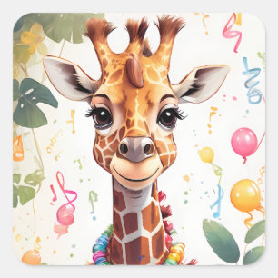 Happy Giraffe with Gifts & Cake Square Sticker