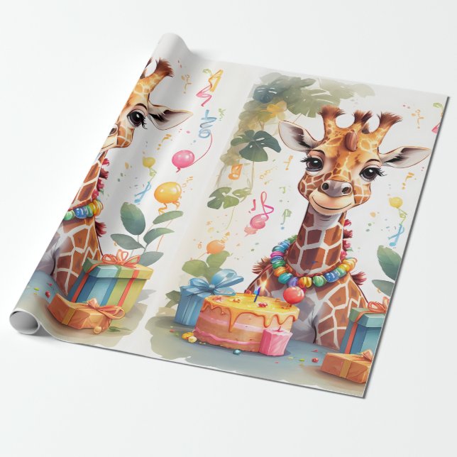 Happy Giraffe with Gifts & Cake | Wrapping Paper (Unrolled)