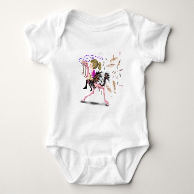 Happy Girl and Ostrich - Racing Team - Fun Drawing Baby Bodysuit (Front)