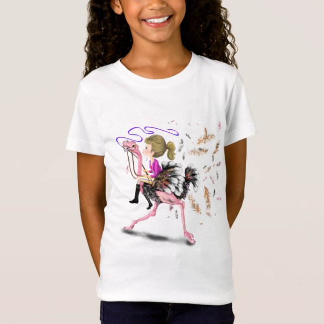 Happy Girl and Ostrich - Racing Team - Fun Drawing T-Shirt (Front)