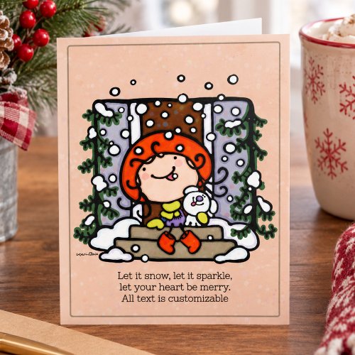 Happy Girl and Puppy Love Snow Winter Holiday Card