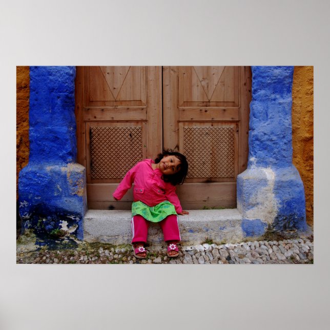 Happy Girl Between Blue Pillars Poster (Front)