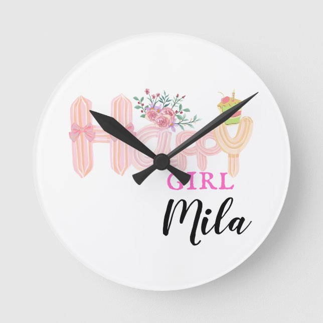  happy girl cream cake round clock (Front)