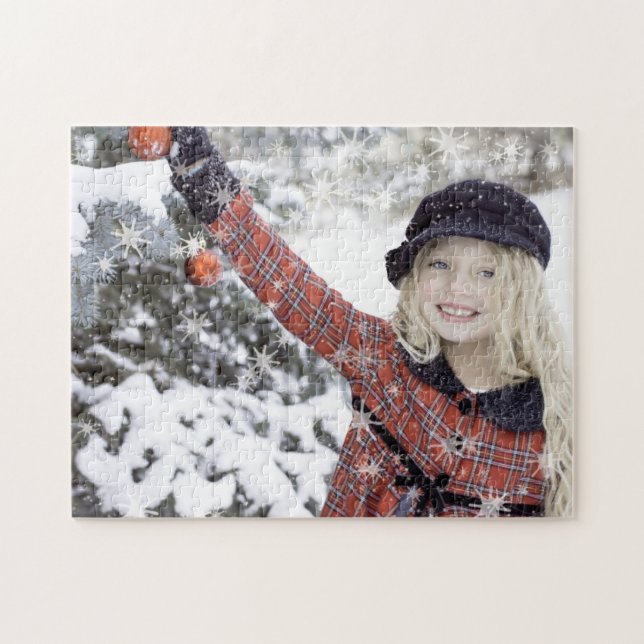 Happy girl decorating Christmas tree Jigsaw Puzzle (Horizontal)