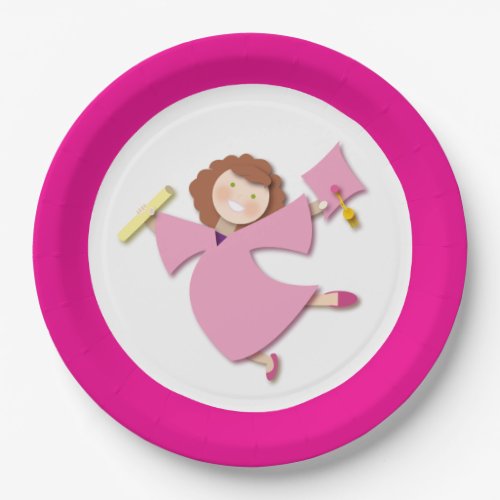 Happy Girl Grad Class of 2024 Pink Cap  Gown Paper Plates
