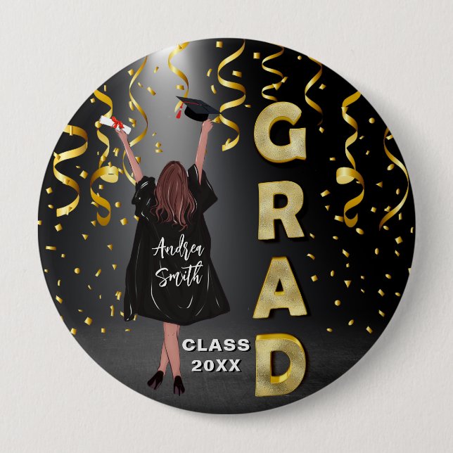Happy Girl Graduation Elegant Gold Confetti Cute Button (Front)