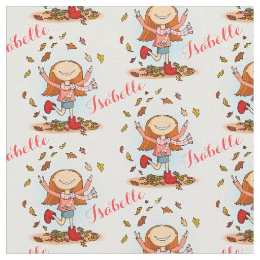 Happy girl in playing in fall leaves fabric