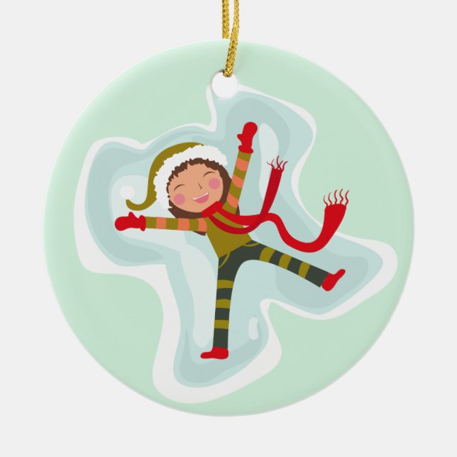 Happy Girl Making Snow Angel Xmas Winter Ceramic Ornament (Front)