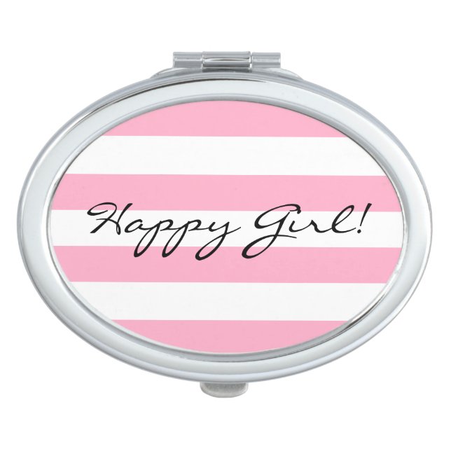 Happy Girl Pink and White Compact Mirror (Front)