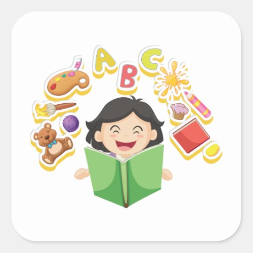 Happy Girl Reading Square Sticker