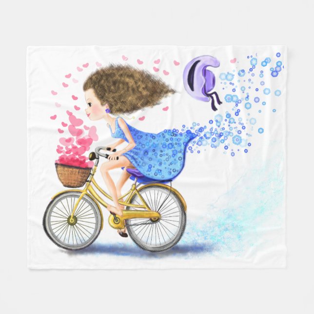 Happy Girl with Bike Fleece Blanket (Front (Horizontal))