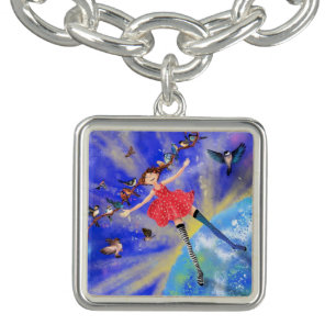 Happy Girl with Birds - Add Your Photo / Name - Bracelet