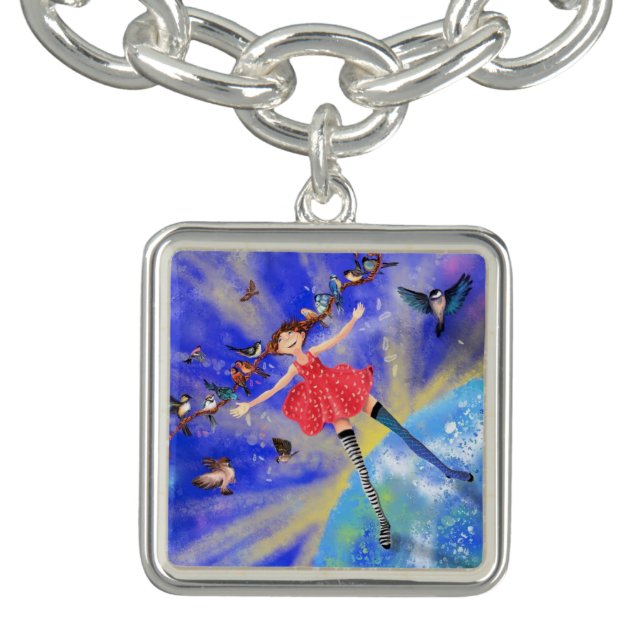 Happy Girl with Birds - Add Your Photo / Name - Bracelet (Design)