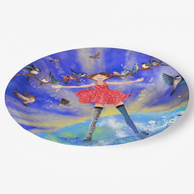 Happy Girl with Birds - Add Your Picture / Text Paper Plates (Angled)