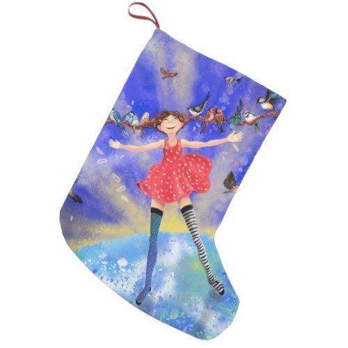 Happy Girl with Birds Christmas Stocking